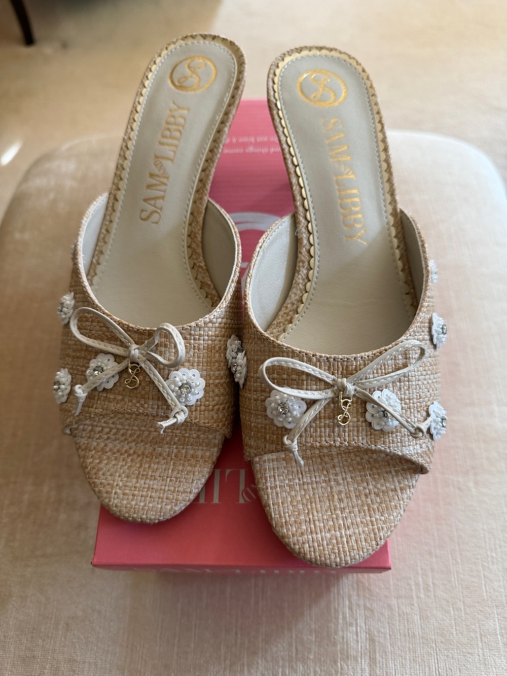 Sam & Libby Natural Raffia  Ollie Fleur Kitten Heel Slide Dress Sandals